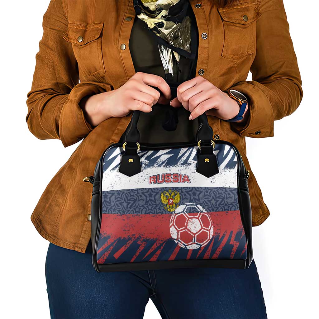 Russia Athletics Shoulder Handbag with Soccer Ball, National Emblem, and Grunge Flag Design