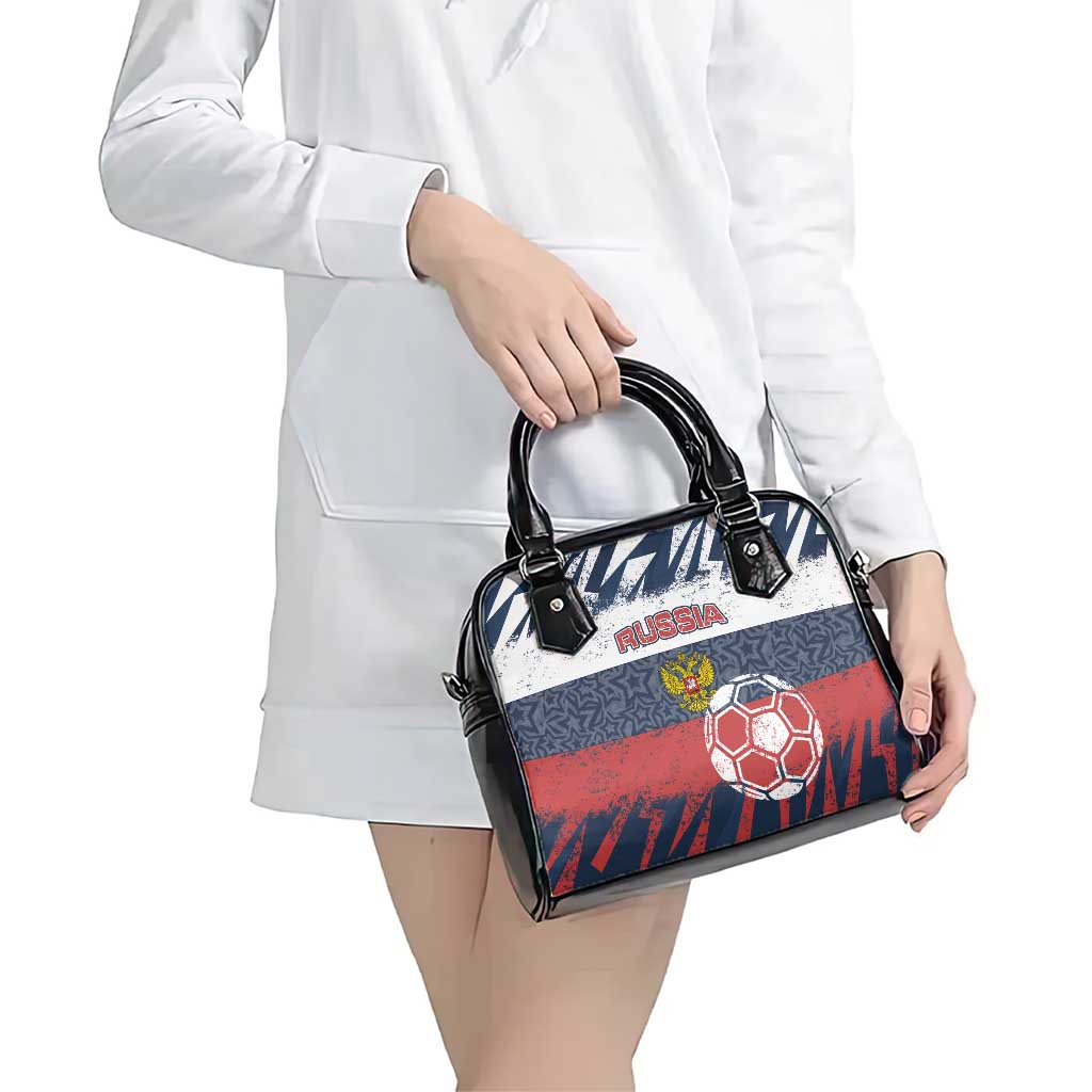 Russia Athletics Shoulder Handbag with Soccer Ball, National Emblem, and Grunge Flag Design