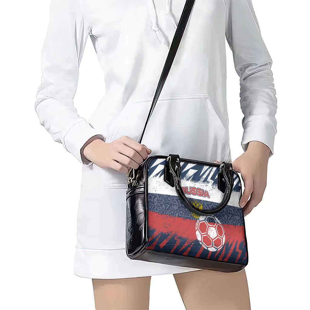 Russia Athletics Shoulder Handbag with Soccer Ball, National Emblem, and Grunge Flag Design