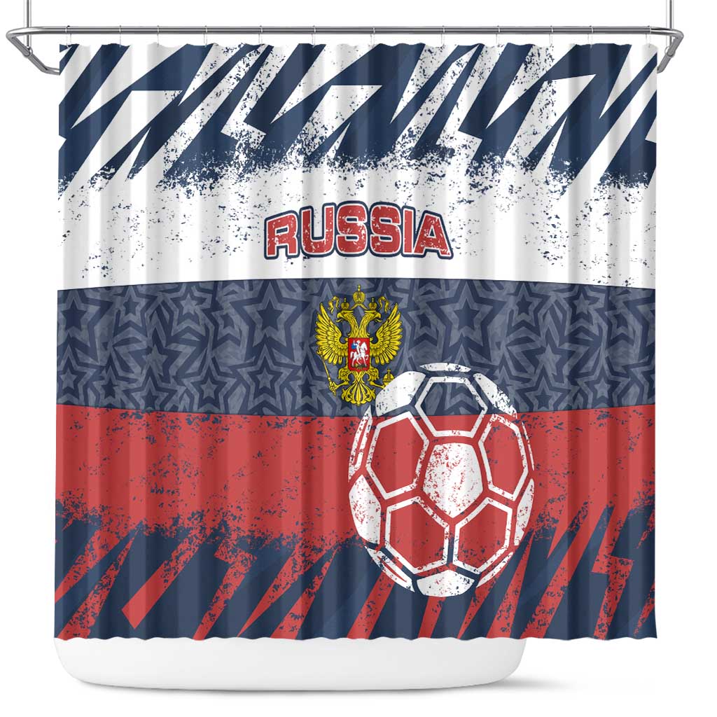 Russia Athletics Shower Curtain with Soccer Ball, National Emblem, and Grunge Flag Design