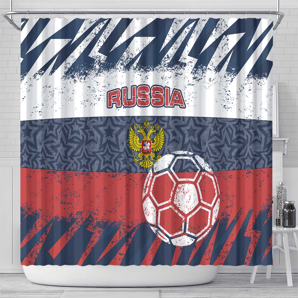 Russia Athletics Shower Curtain with Soccer Ball, National Emblem, and Grunge Flag Design