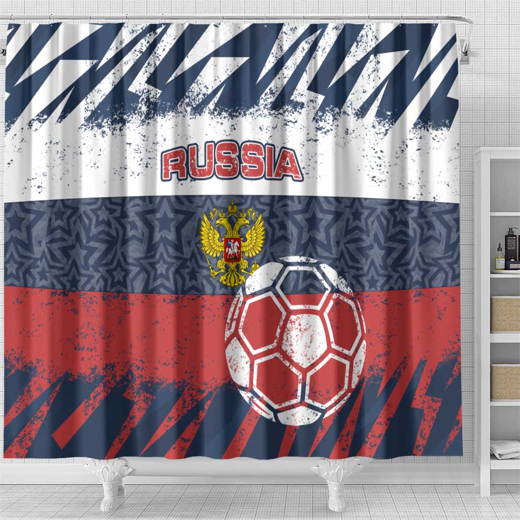 Russia Athletics Shower Curtain with Soccer Ball, National Emblem, and Grunge Flag Design