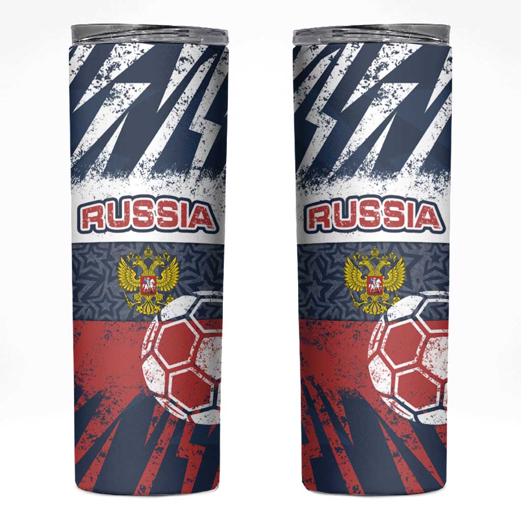 Russia Athletics Skinny Tumbler with Soccer Ball, National Emblem, and Grunge Flag Design