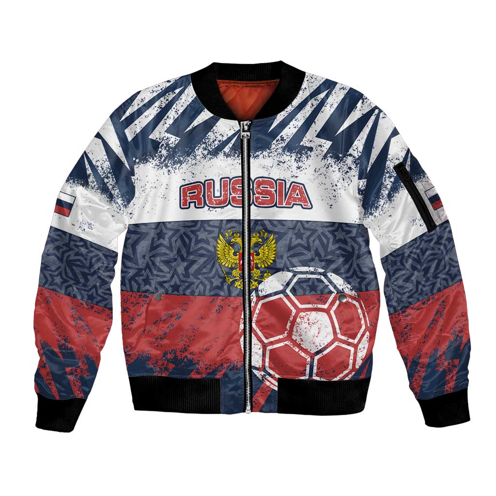 Personalized Russia Athletics Sleeve Zip Bomber Jacket with Soccer Ball, National Emblem, and Grunge Flag Design