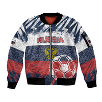 Personalized Russia Athletics Sleeve Zip Bomber Jacket with Soccer Ball, National Emblem, and Grunge Flag Design