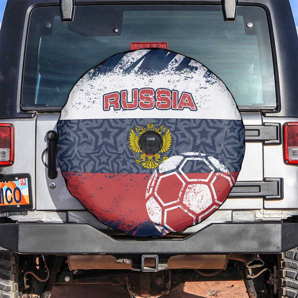 Russia Athletics Spare Tire Cover with Soccer Ball, National Emblem, and Grunge Flag Design