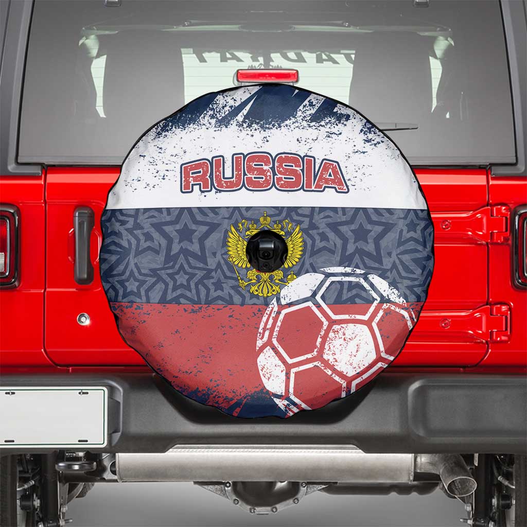 Russia Athletics Spare Tire Cover with Soccer Ball, National Emblem, and Grunge Flag Design