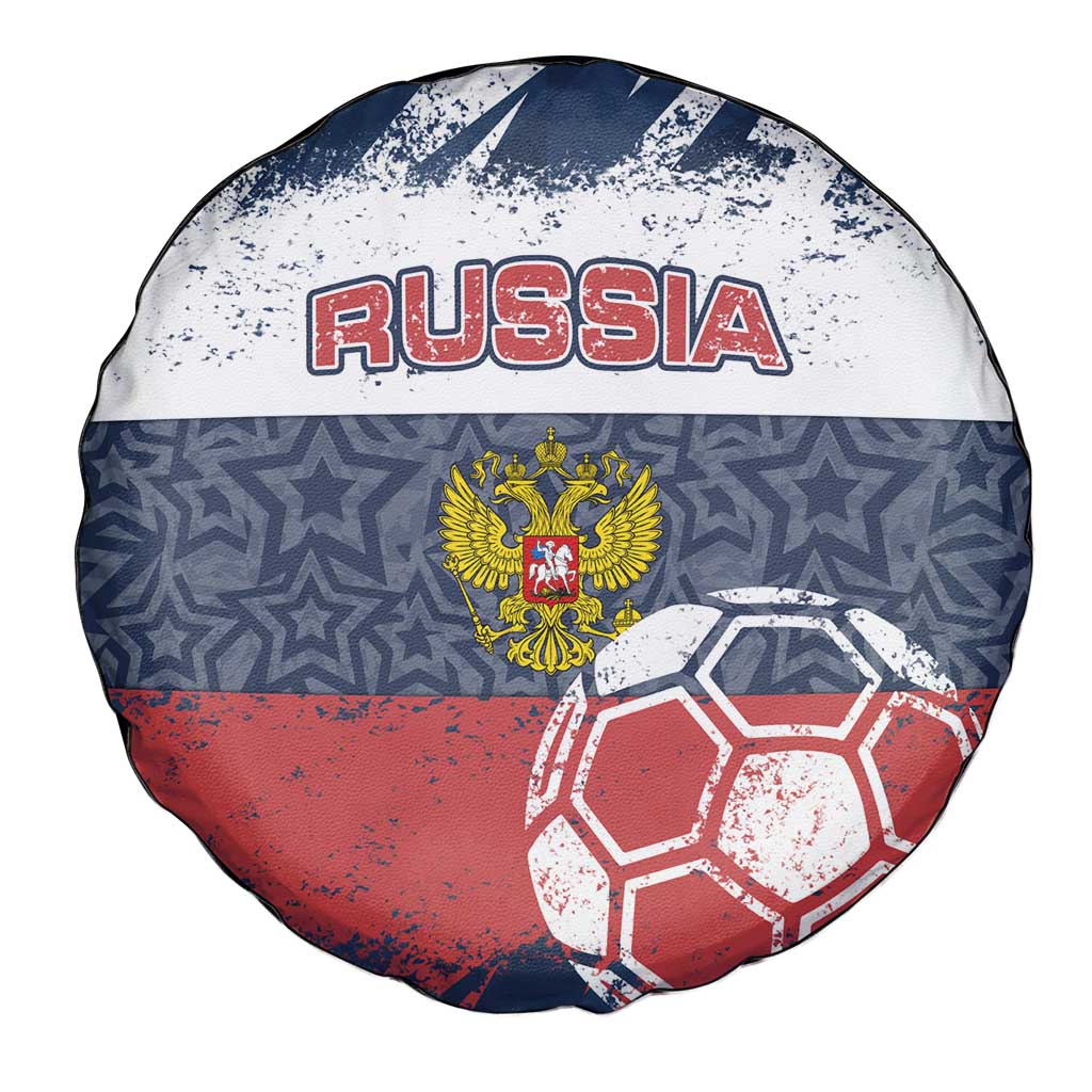 Russia Athletics Spare Tire Cover with Soccer Ball, National Emblem, and Grunge Flag Design