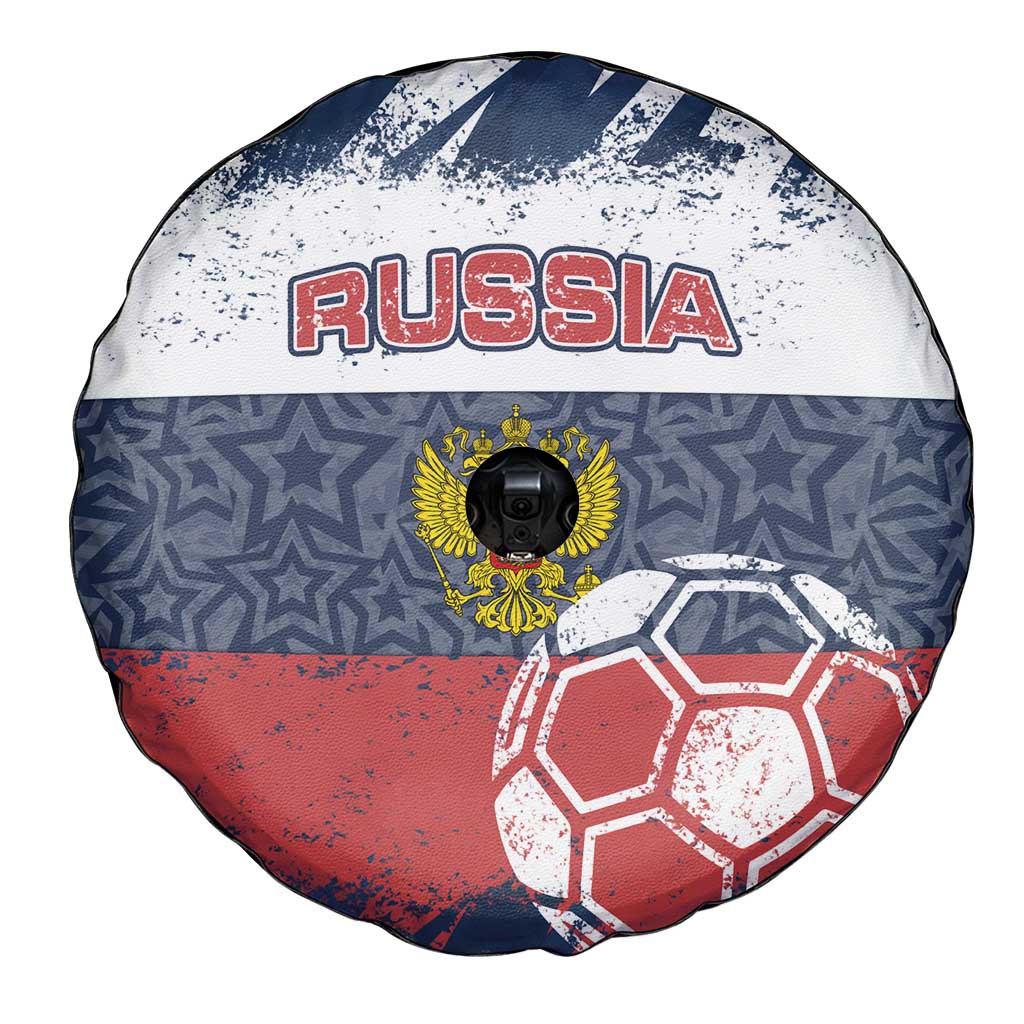 Russia Athletics Spare Tire Cover with Soccer Ball, National Emblem, and Grunge Flag Design