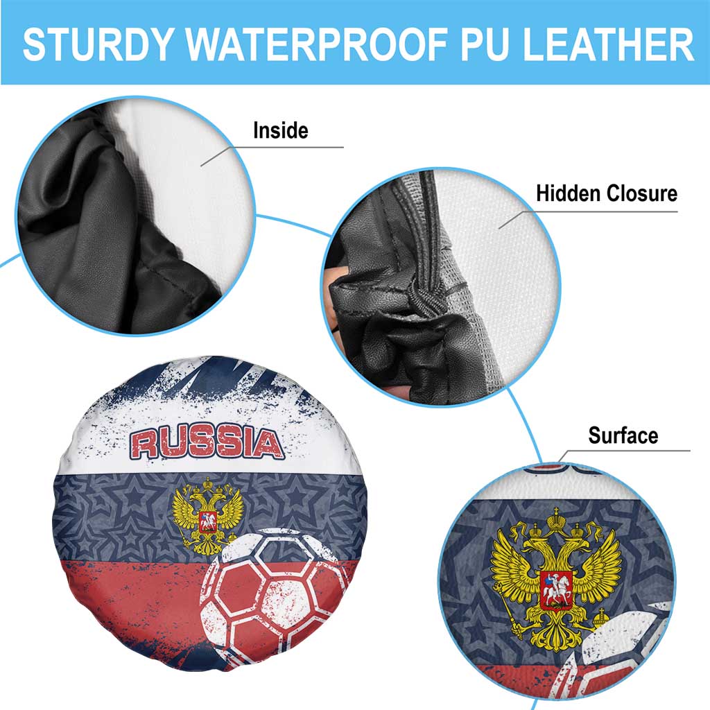 Russia Athletics Spare Tire Cover with Soccer Ball, National Emblem, and Grunge Flag Design