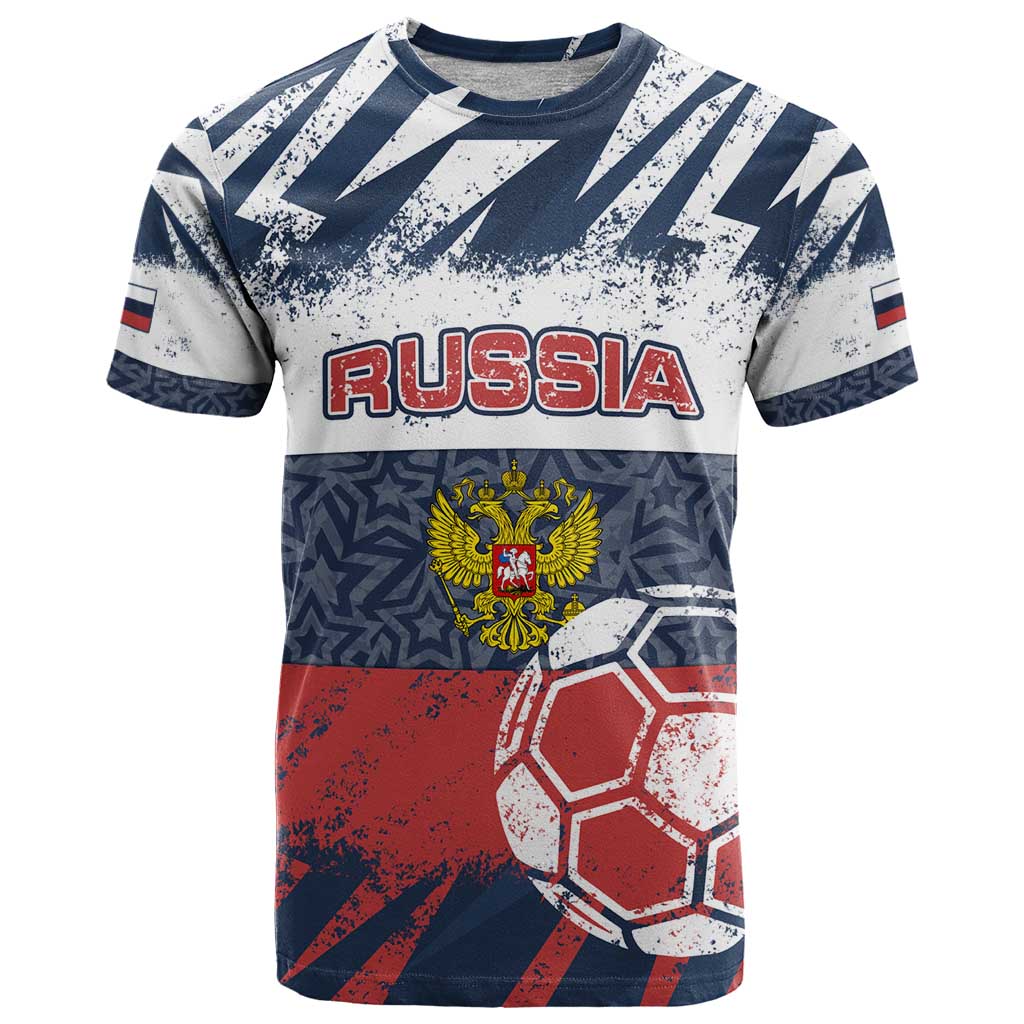 Personalized Russia Athletics T Shirt with Soccer Ball, National Emblem, and Grunge Flag Design
