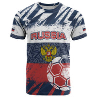 Personalized Russia Athletics T Shirt with Soccer Ball, National Emblem, and Grunge Flag Design