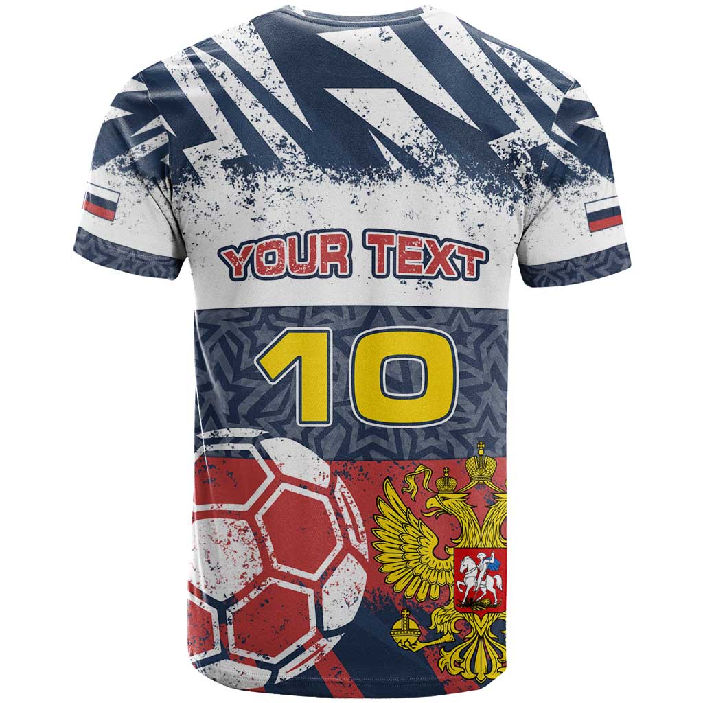 Personalized Russia Athletics T Shirt with Soccer Ball, National Emblem, and Grunge Flag Design