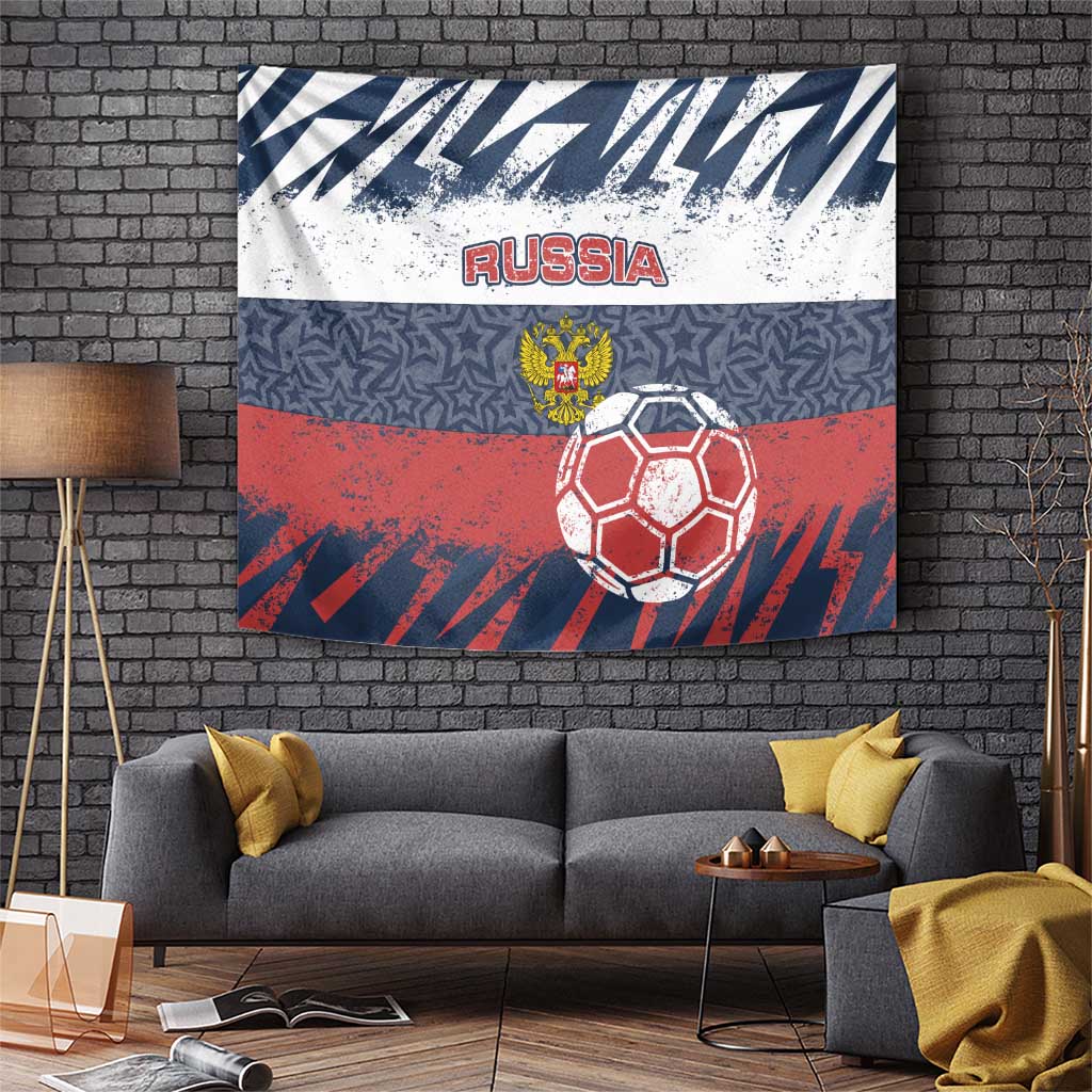 Russia Athletics Tapestry with Soccer Ball, National Emblem, and Grunge Flag Design