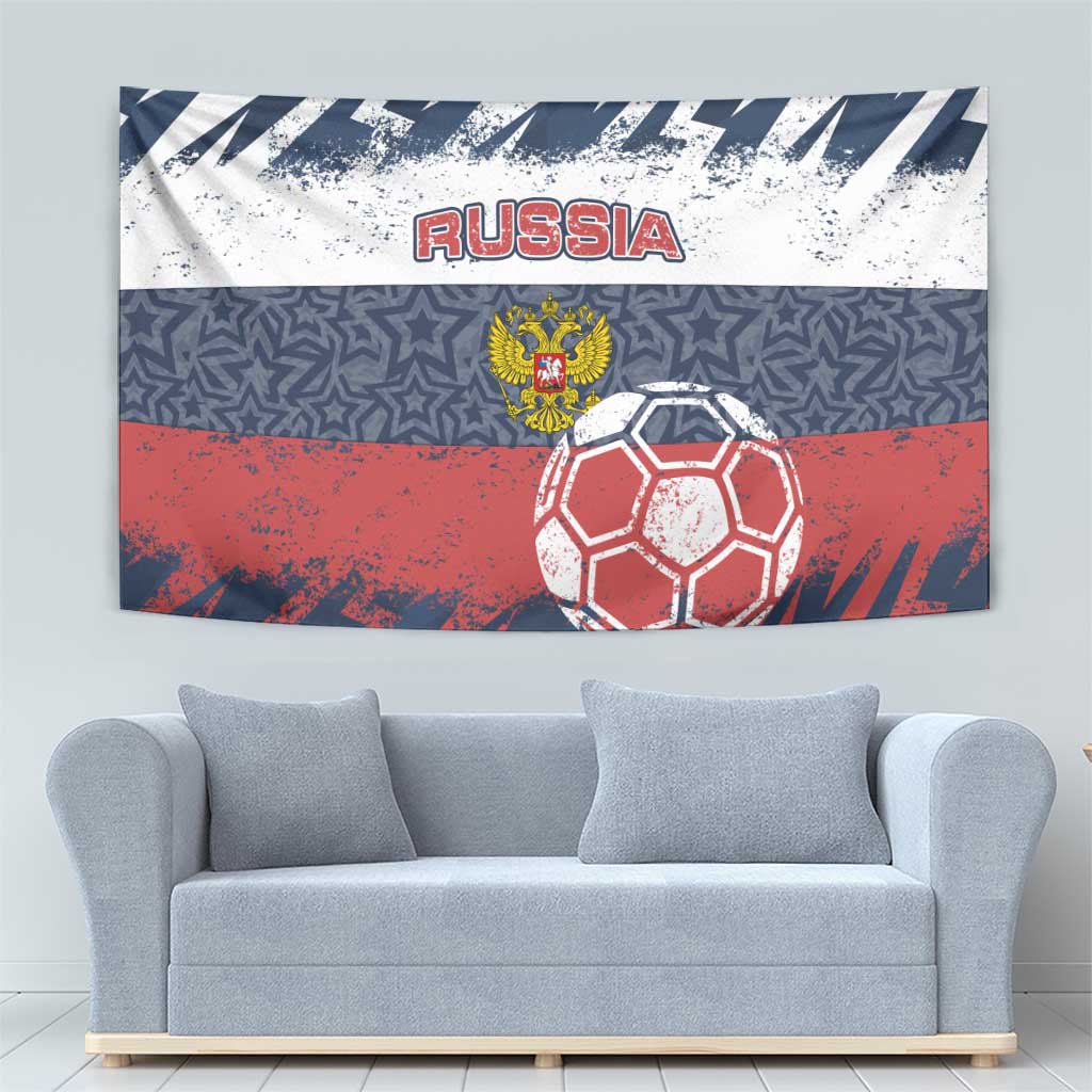 Russia Athletics Tapestry with Soccer Ball, National Emblem, and Grunge Flag Design