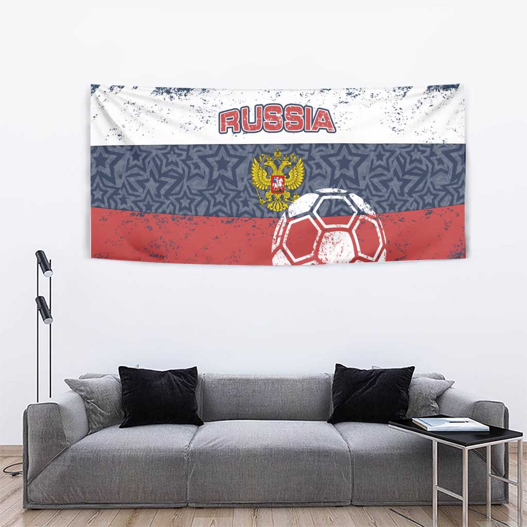 Russia Athletics Tapestry with Soccer Ball, National Emblem, and Grunge Flag Design