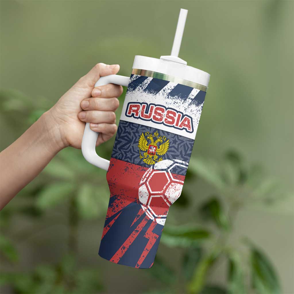 Russia Athletics Tumbler With Handle with Soccer Ball, National Emblem, and Grunge Flag Design