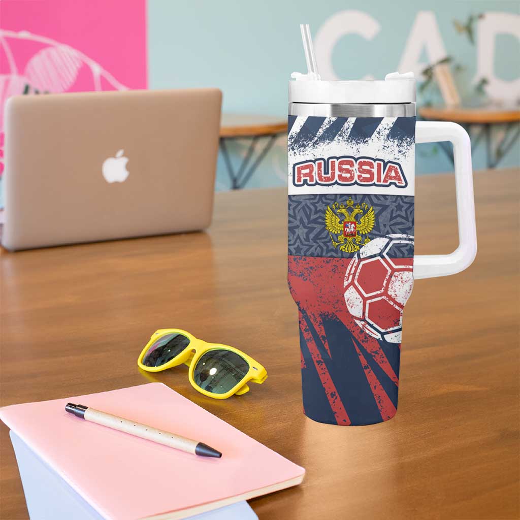 Russia Athletics Tumbler With Handle with Soccer Ball, National Emblem, and Grunge Flag Design