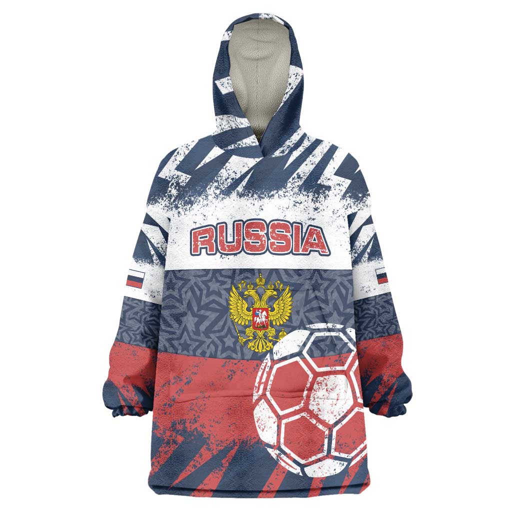 Personalized Russia Athletics Wearable Blanket Hoodie with Soccer Ball, National Emblem, and Grunge Flag Design