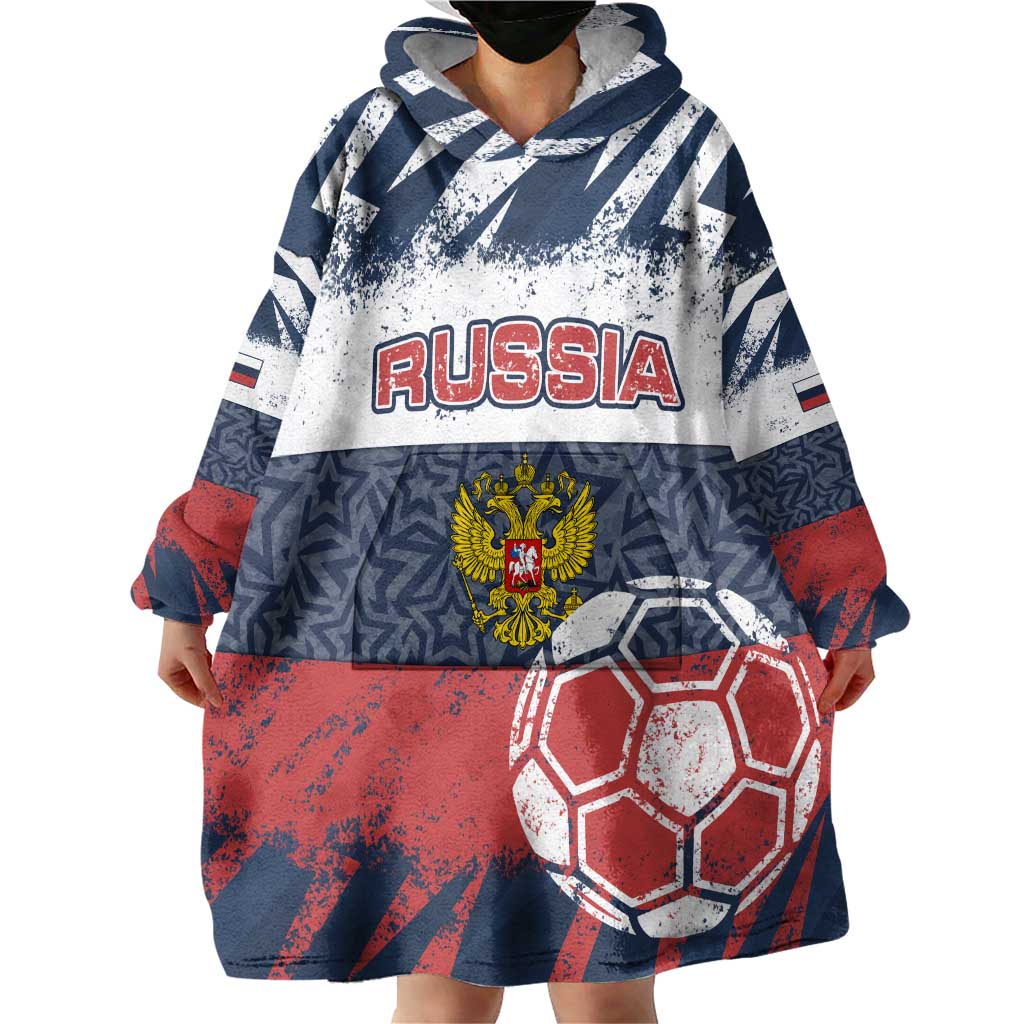 Personalized Russia Athletics Wearable Blanket Hoodie with Soccer Ball, National Emblem, and Grunge Flag Design