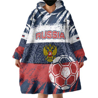 Personalized Russia Athletics Wearable Blanket Hoodie with Soccer Ball, National Emblem, and Grunge Flag Design