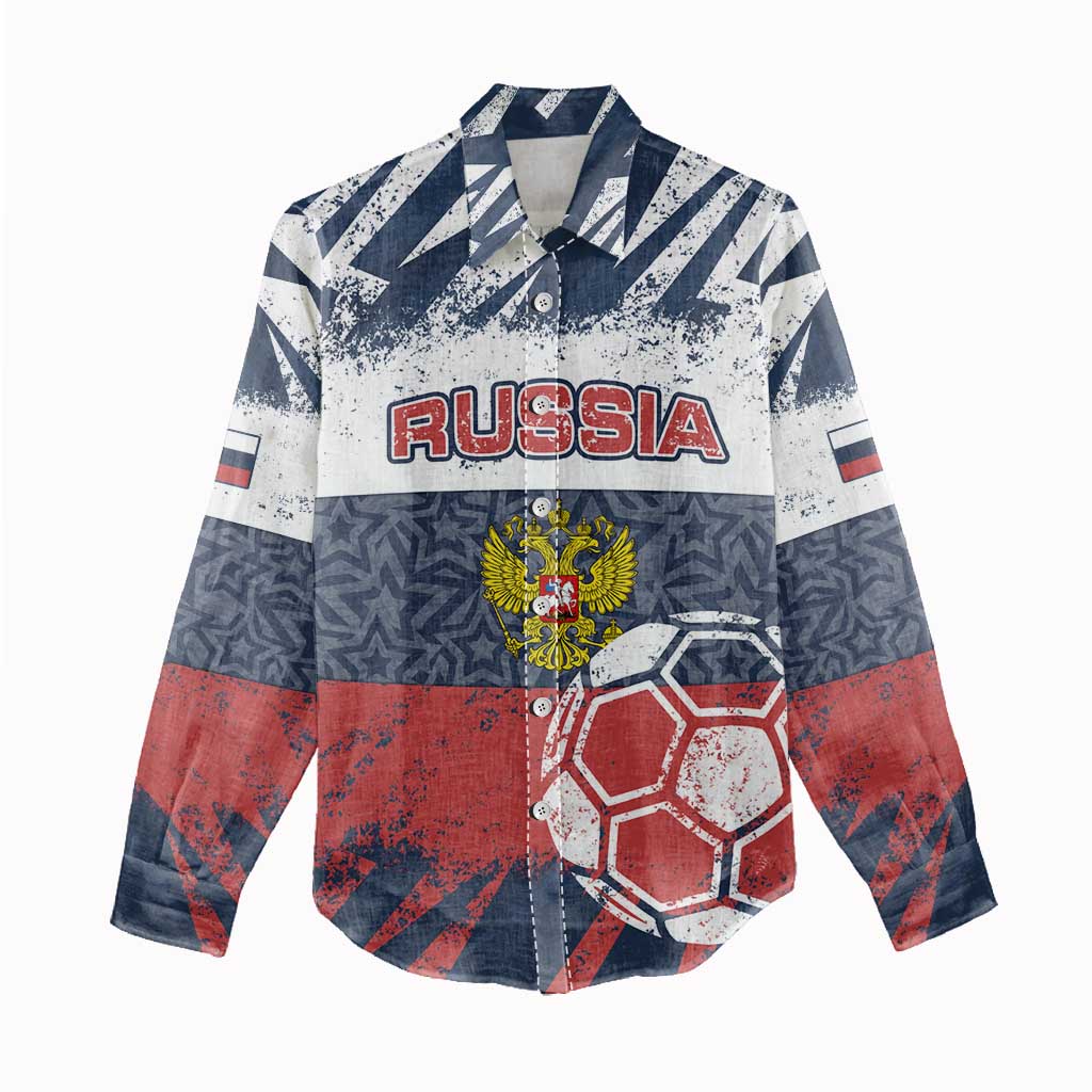 Personalized Russia Athletics Women Casual Shirt with Soccer Ball, National Emblem, and Grunge Flag Design