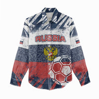 Personalized Russia Athletics Women Casual Shirt with Soccer Ball, National Emblem, and Grunge Flag Design