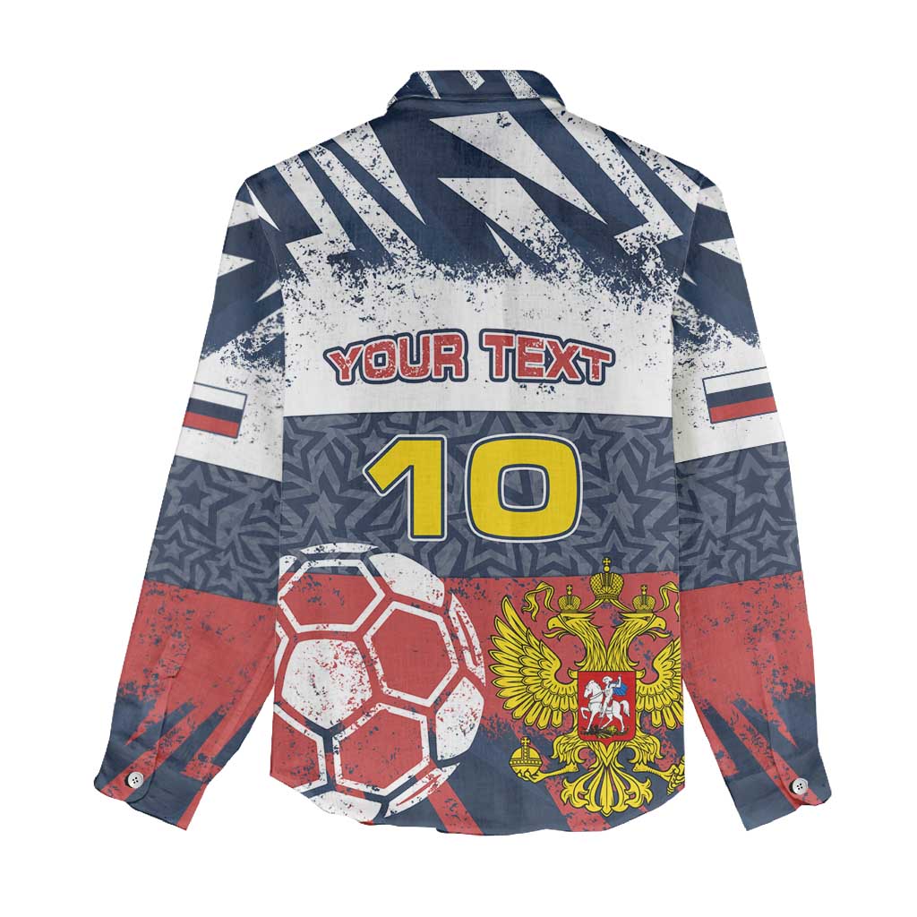 Personalized Russia Athletics Women Casual Shirt with Soccer Ball, National Emblem, and Grunge Flag Design