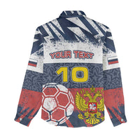 Personalized Russia Athletics Women Casual Shirt with Soccer Ball, National Emblem, and Grunge Flag Design