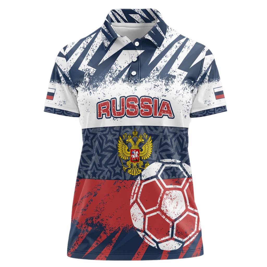 Personalized Russia Athletics Women Polo Shirt with Soccer Ball, National Emblem, and Grunge Flag Design