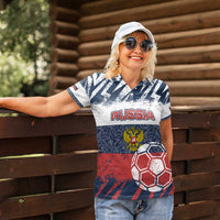 Personalized Russia Athletics Women Polo Shirt with Soccer Ball, National Emblem, and Grunge Flag Design