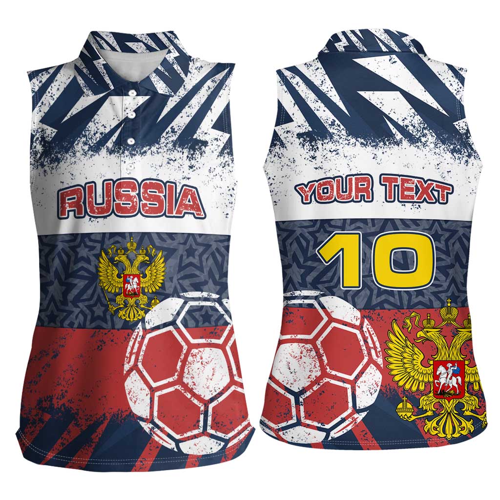 Personalized Russia Athletics Women Sleeveless Polo Shirt with Soccer Ball, National Emblem, and Grunge Flag Design