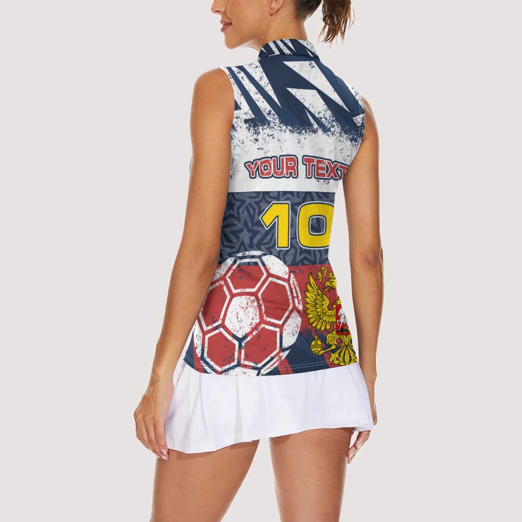 Personalized Russia Athletics Women Sleeveless Polo Shirt with Soccer Ball, National Emblem, and Grunge Flag Design