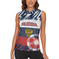 Personalized Russia Athletics Women Sleeveless Polo Shirt with Soccer Ball, National Emblem, and Grunge Flag Design