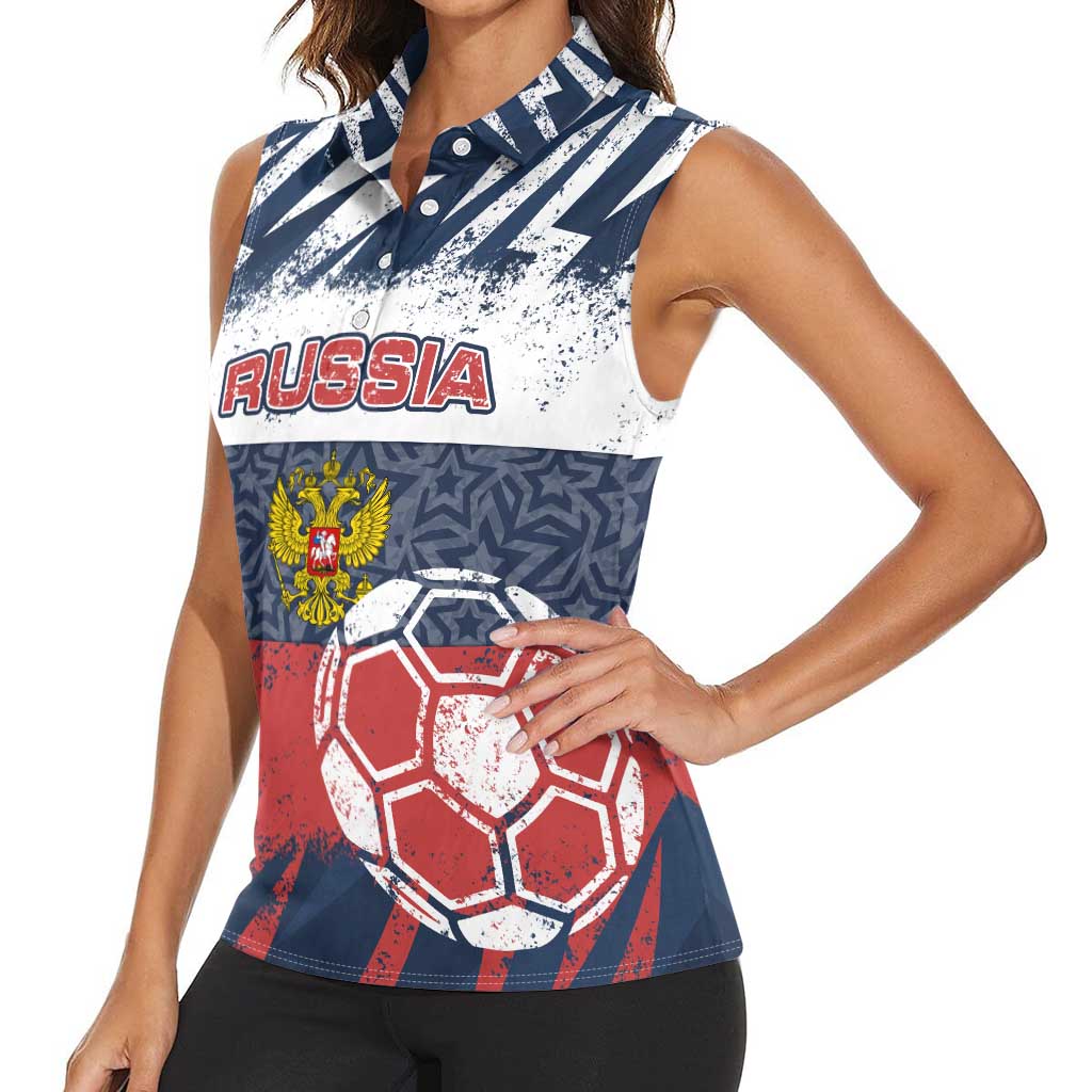 Personalized Russia Athletics Women Sleeveless Polo Shirt with Soccer Ball, National Emblem, and Grunge Flag Design