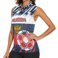 Personalized Russia Athletics Women Sleeveless Polo Shirt with Soccer Ball, National Emblem, and Grunge Flag Design