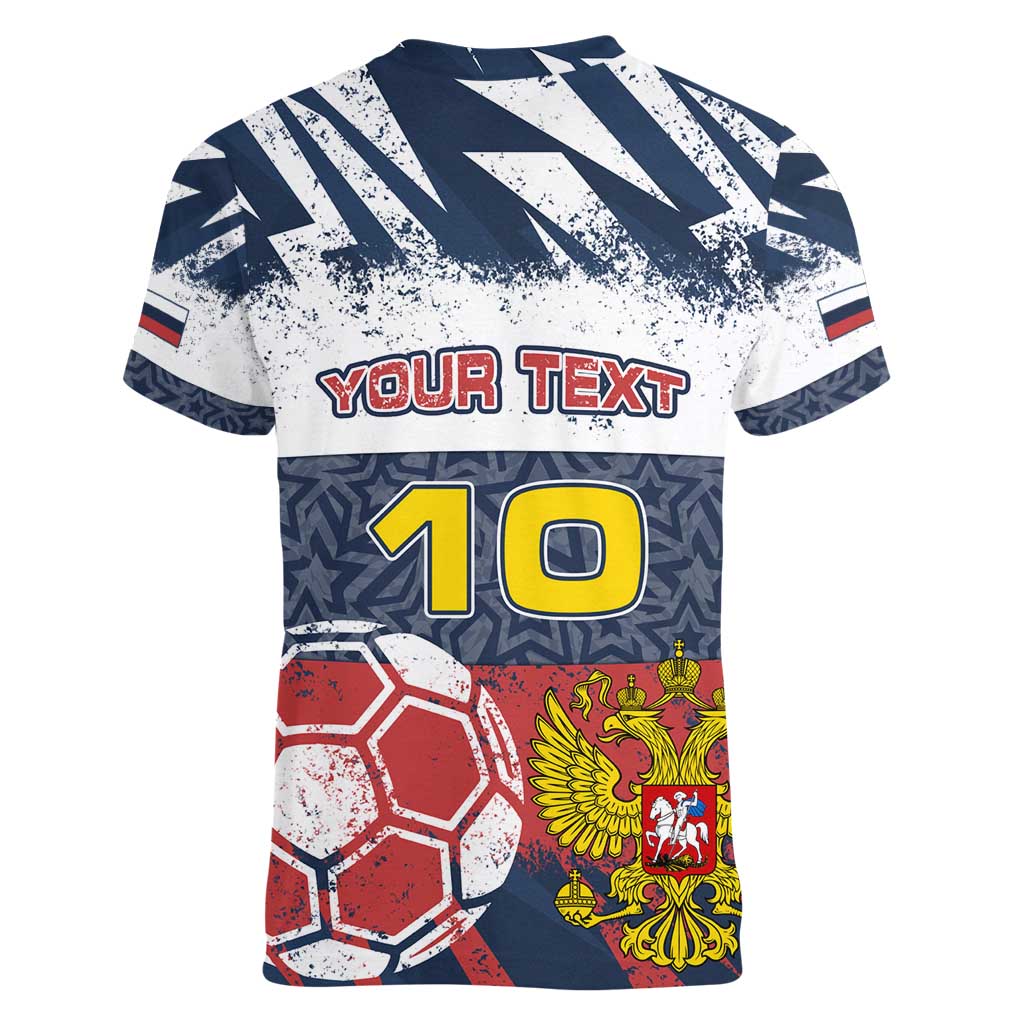 Personalized Russia Athletics Women V-Neck T-Shirt with Soccer Ball, National Emblem, and Grunge Flag Design