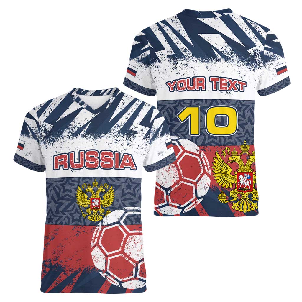 Personalized Russia Athletics Women V-Neck T-Shirt with Soccer Ball, National Emblem, and Grunge Flag Design