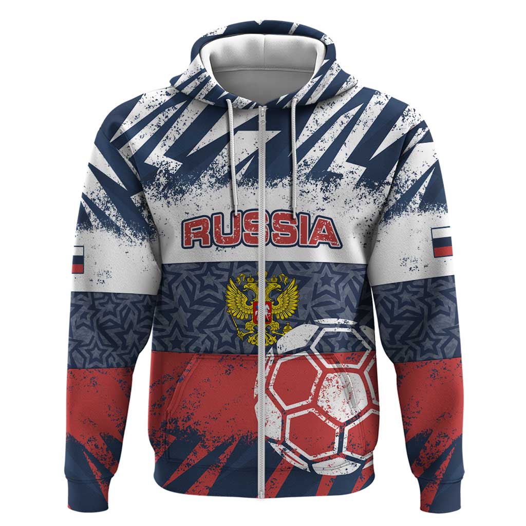 Personalized Russia Athletics Zip Hoodie with Soccer Ball, National Emblem, and Grunge Flag Design