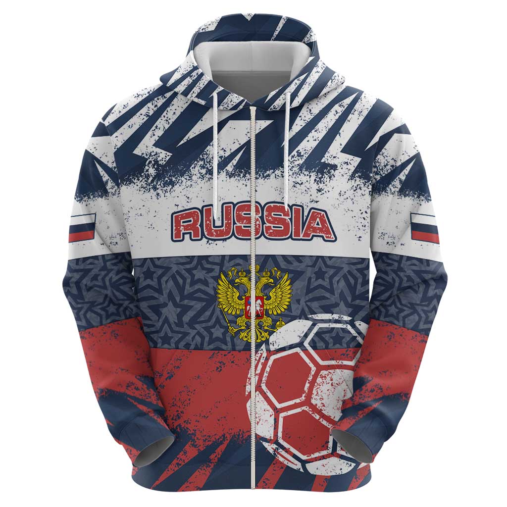 Personalized Russia Athletics Zip Hoodie with Soccer Ball, National Emblem, and Grunge Flag Design