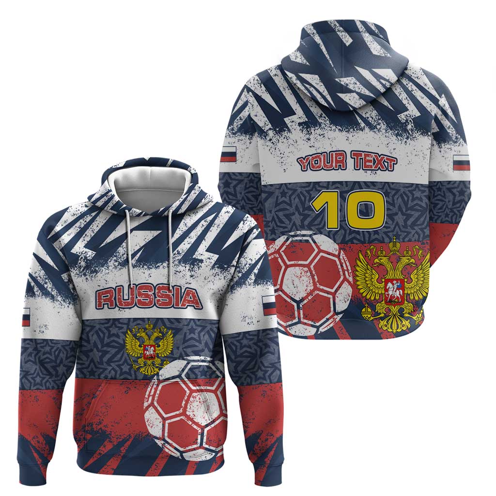 Personalized Russia Athletics Zip Hoodie with Soccer Ball, National Emblem, and Grunge Flag Design