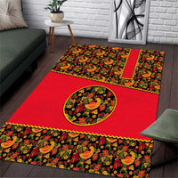 Russia Folk Art Area Rug with Khokhloma Pattern and Traditional Rooster Design