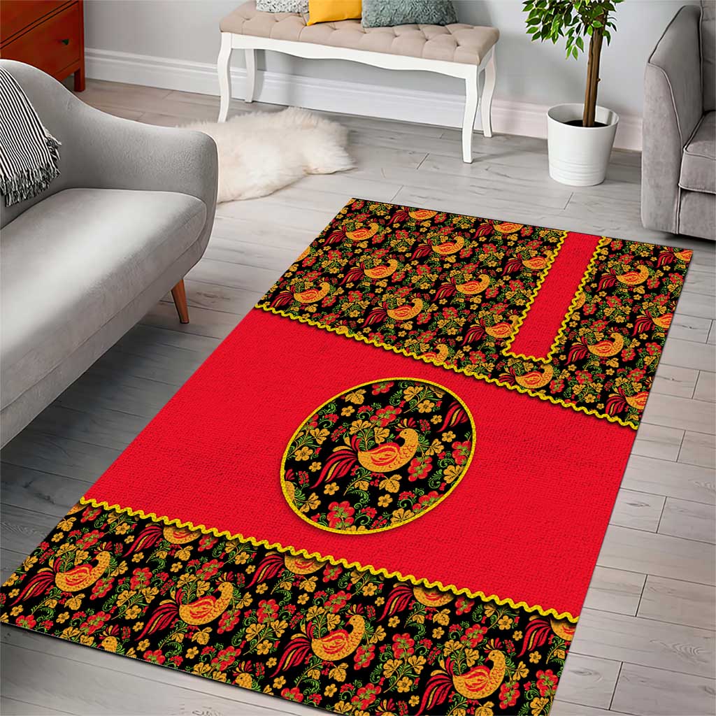 Russia Folk Art Area Rug with Khokhloma Pattern and Traditional Rooster Design