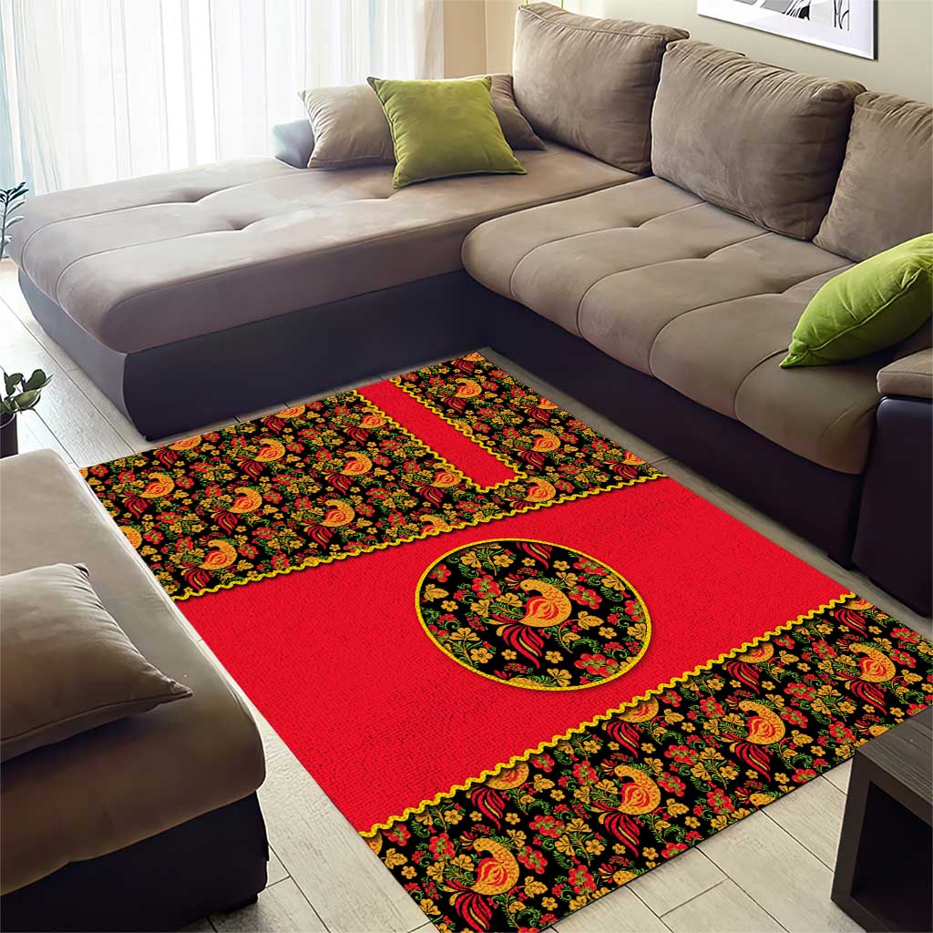 Russia Folk Art Area Rug with Khokhloma Pattern and Traditional Rooster Design