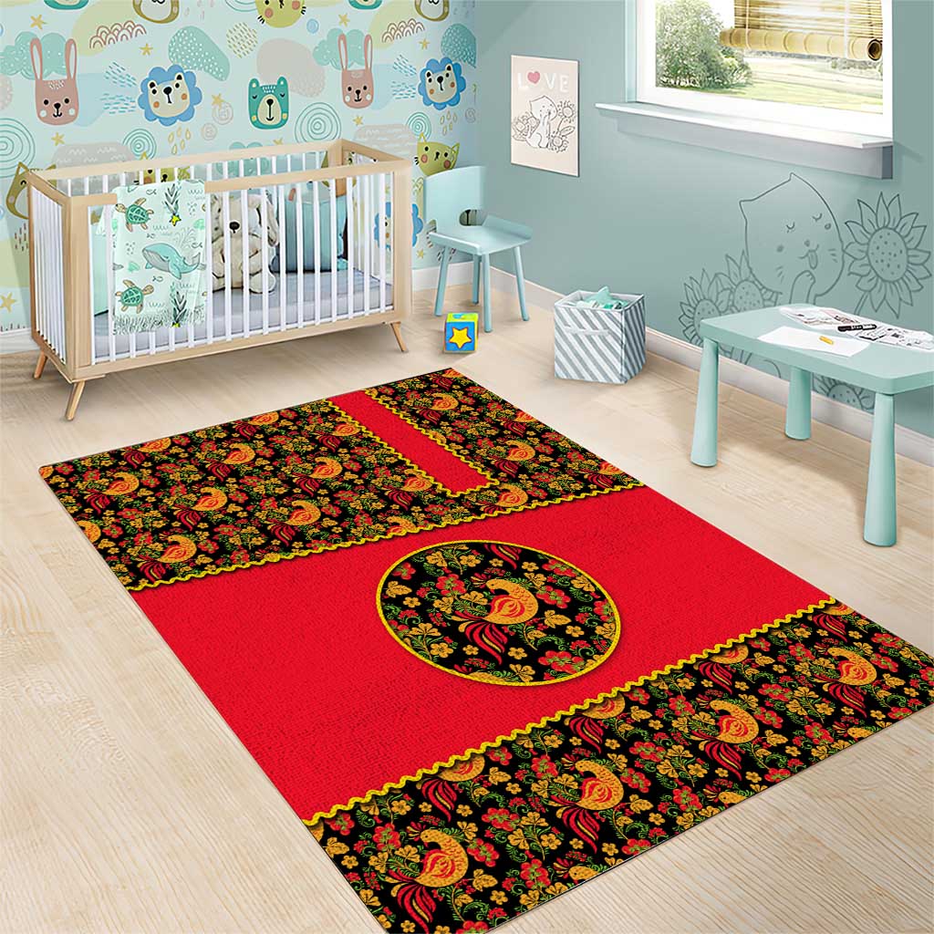 Russia Folk Art Area Rug with Khokhloma Pattern and Traditional Rooster Design
