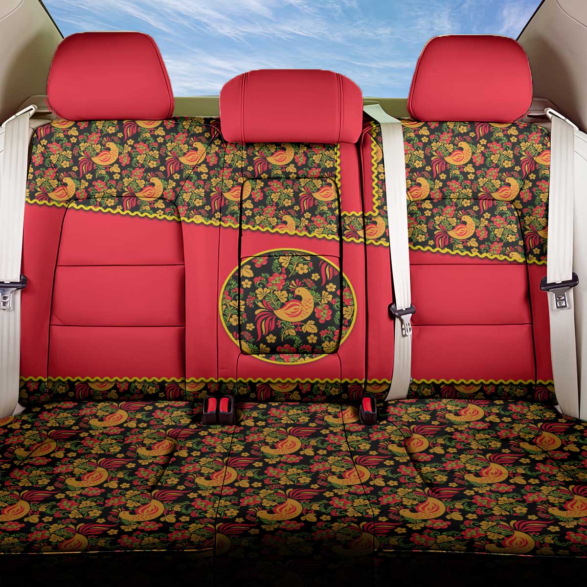 Russia Folk Art Back Car Seat Cover with Khokhloma Pattern and Traditional Rooster Design