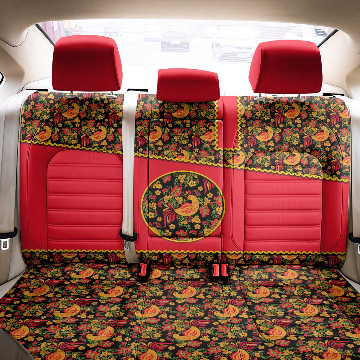 Russia Folk Art Back Car Seat Cover with Khokhloma Pattern and Traditional Rooster Design