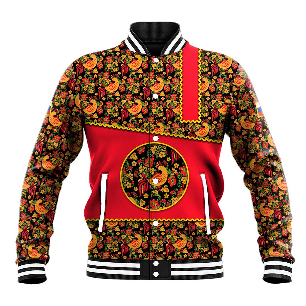 Russia Folk Art Baseball Jacket with Khokhloma Pattern and Traditional Rooster Design