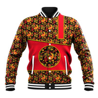 Russia Folk Art Baseball Jacket with Khokhloma Pattern and Traditional Rooster Design