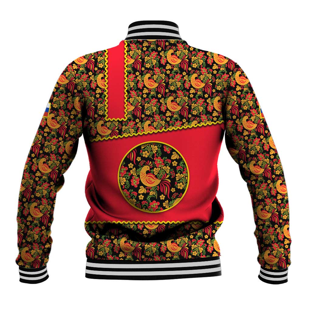 Russia Folk Art Baseball Jacket with Khokhloma Pattern and Traditional Rooster Design